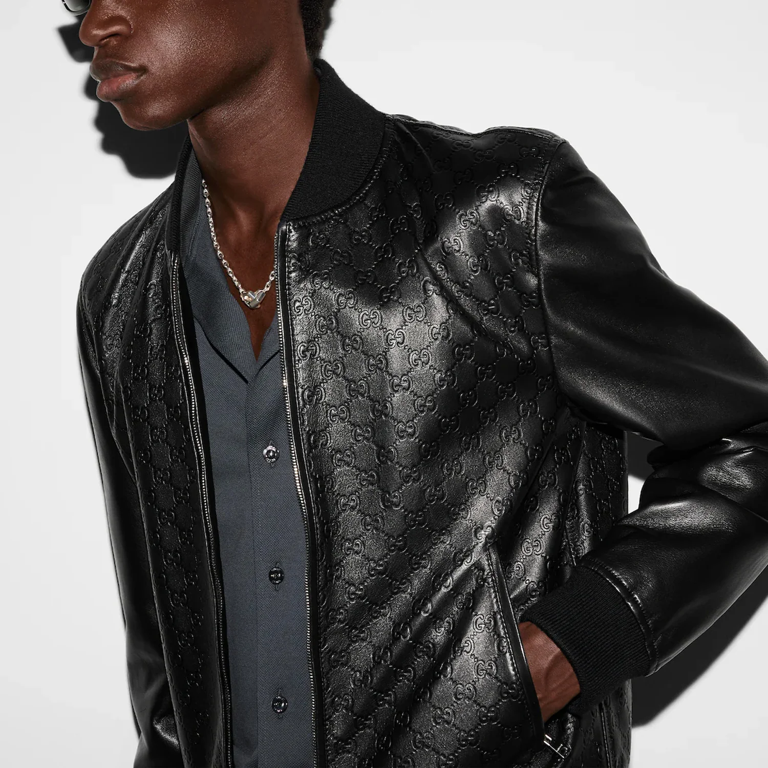 Gucci Embossed Gg Leather Bomber Jacket - Image 2