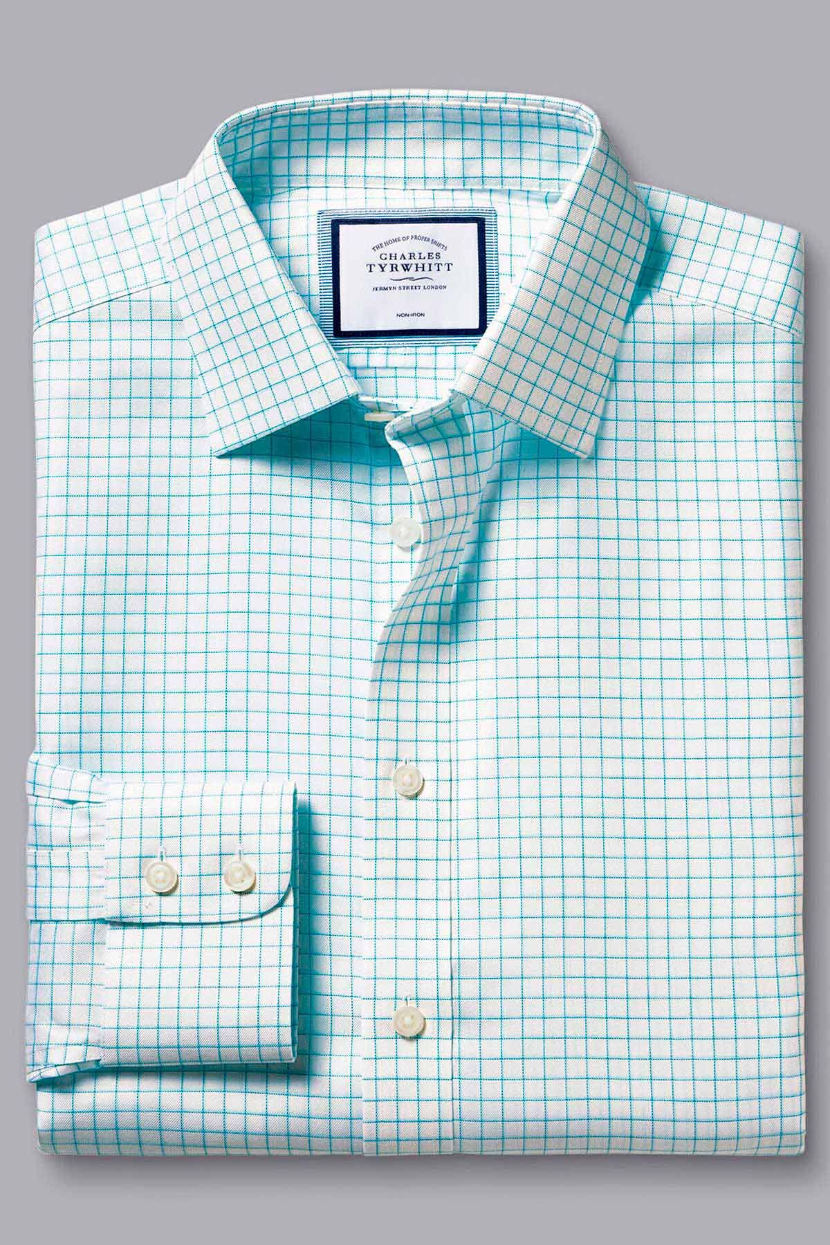 AQUA GREEN NON-IRON TWILL FINE SHADOW CHECK SLIM FIT SHIRT - Image 3
