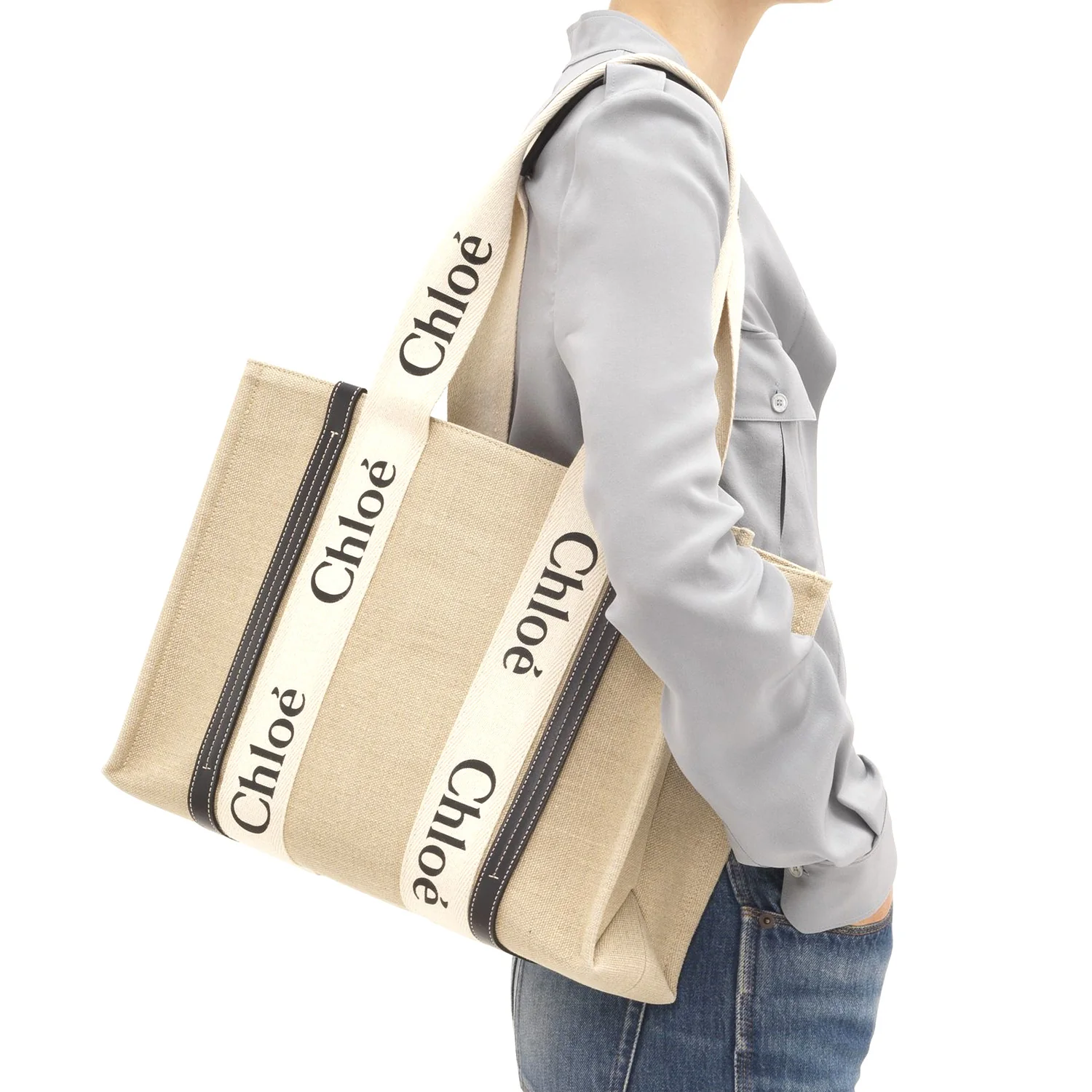 Chloe Woody Tote Bag In Linen - Image 5