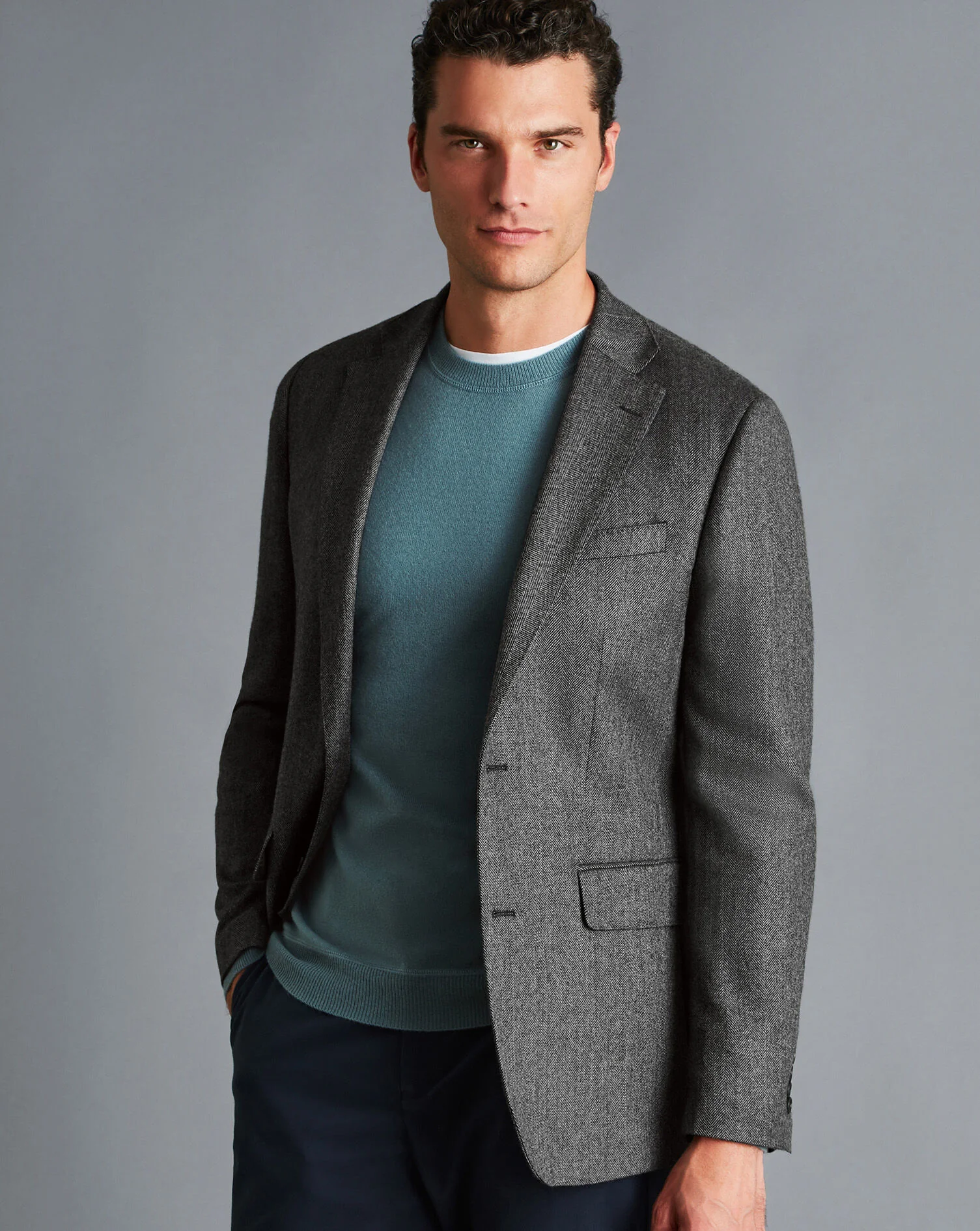 DARK GREY HERRINGBONE WOOL TEXTURE SLIM FIT BLAZER - Image 4