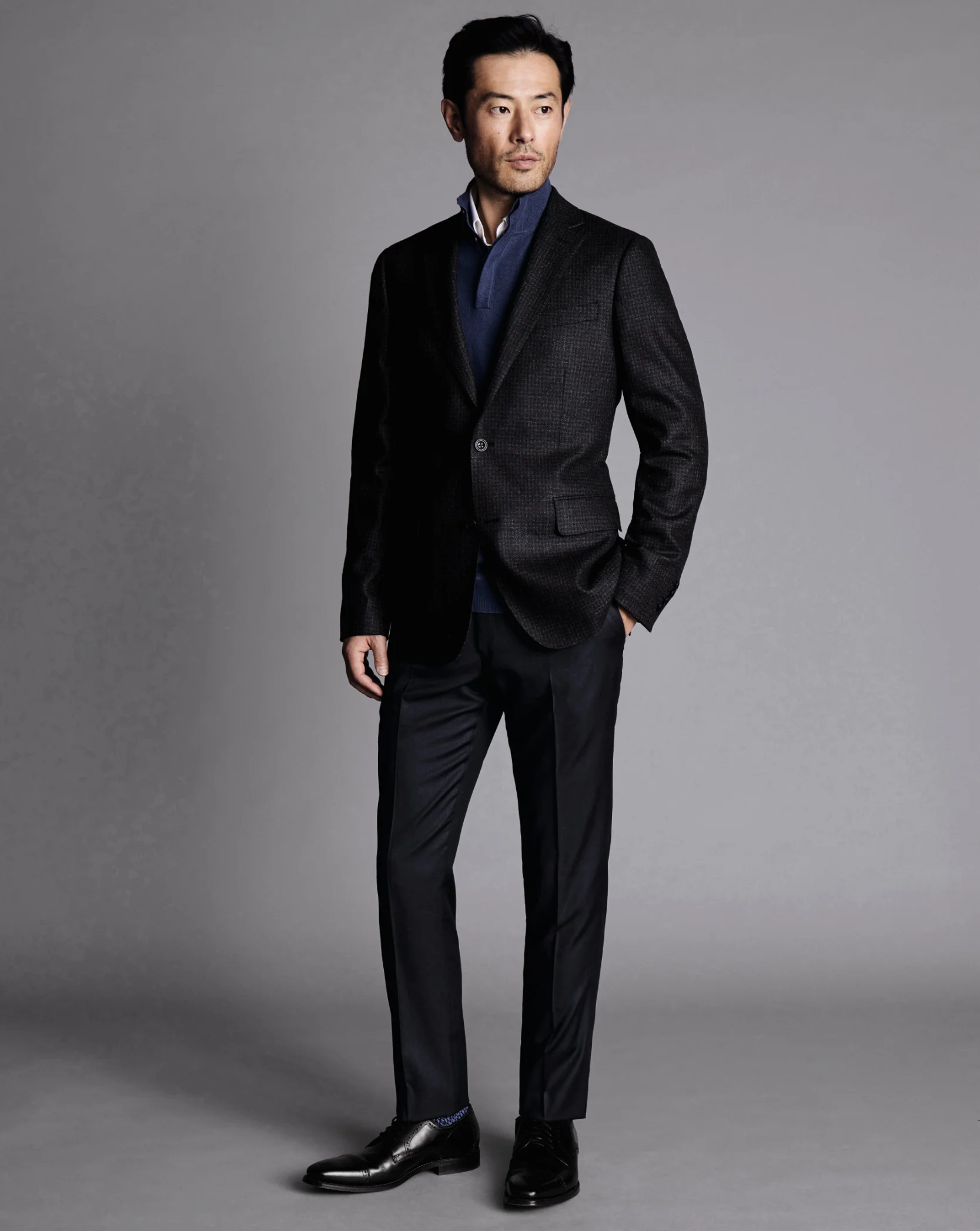 DARK NAVY PUPPYTOOTH WOOL SILK TEXTURE SLIM FIT BLAZER