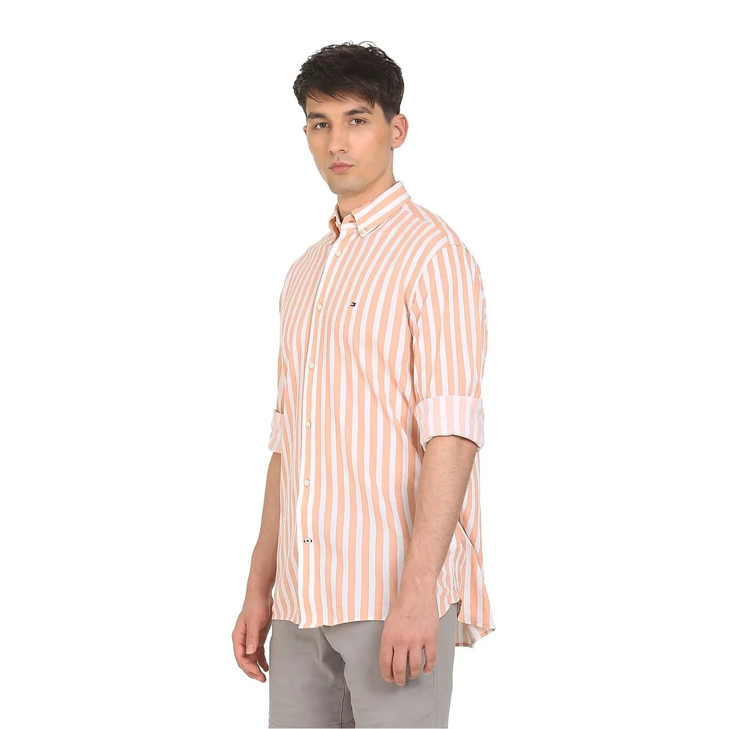 Th Men Peach And White Bold Stripe French Button Placket Knit H/S Casual Shirt - Image 3