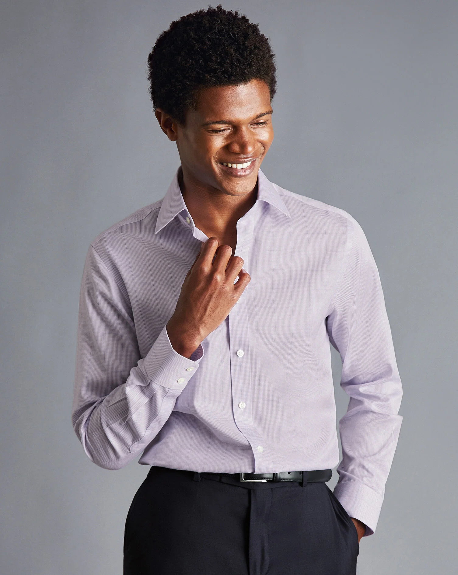 LAVENDER PURPLE NON-IRON TWILL PUPPYTOOTH CHECK SLIM FIT SHIRT - Image 6
