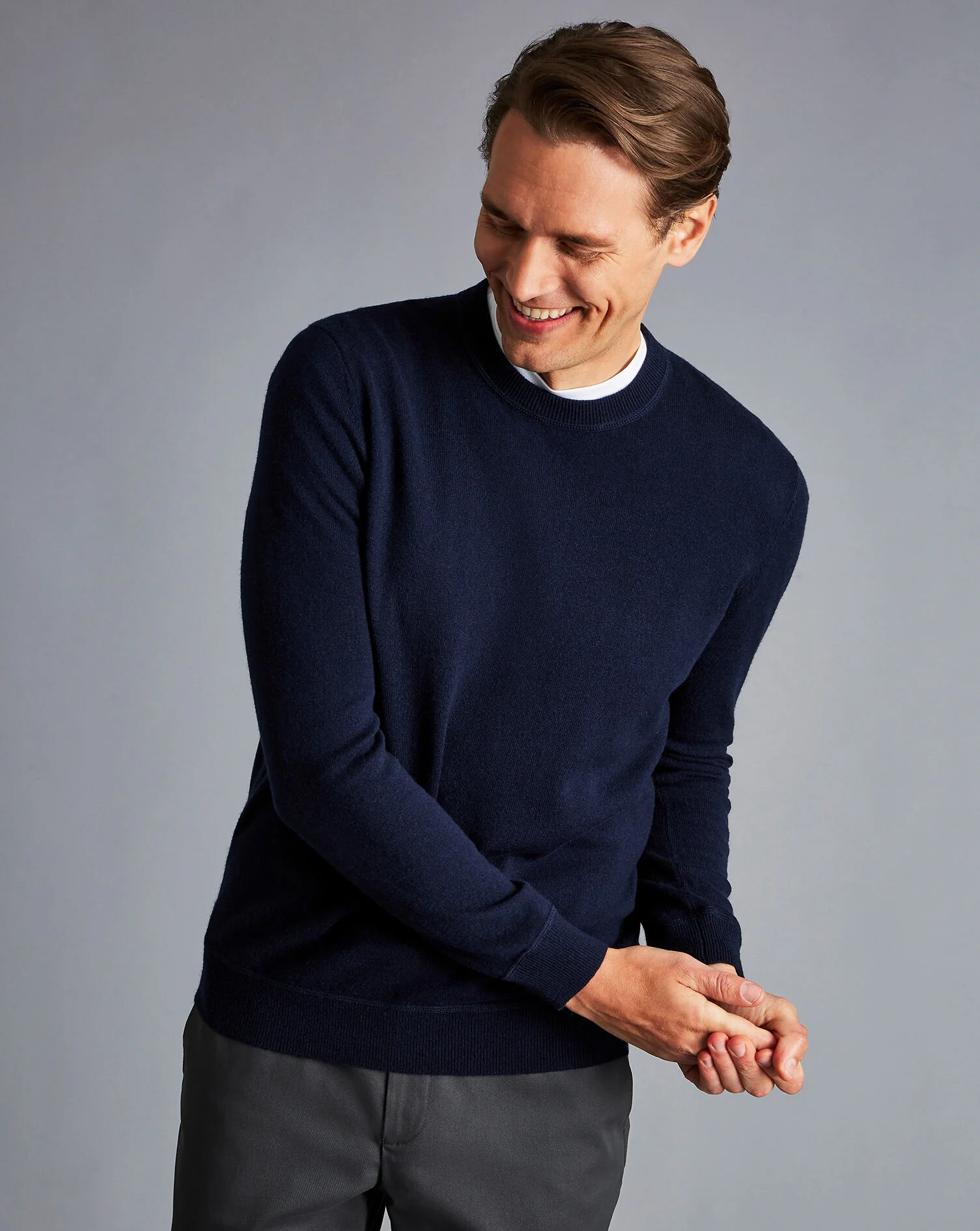 NAVY BLUE MERINO/CASHMERE CREW NECK JUMPER - Image 2