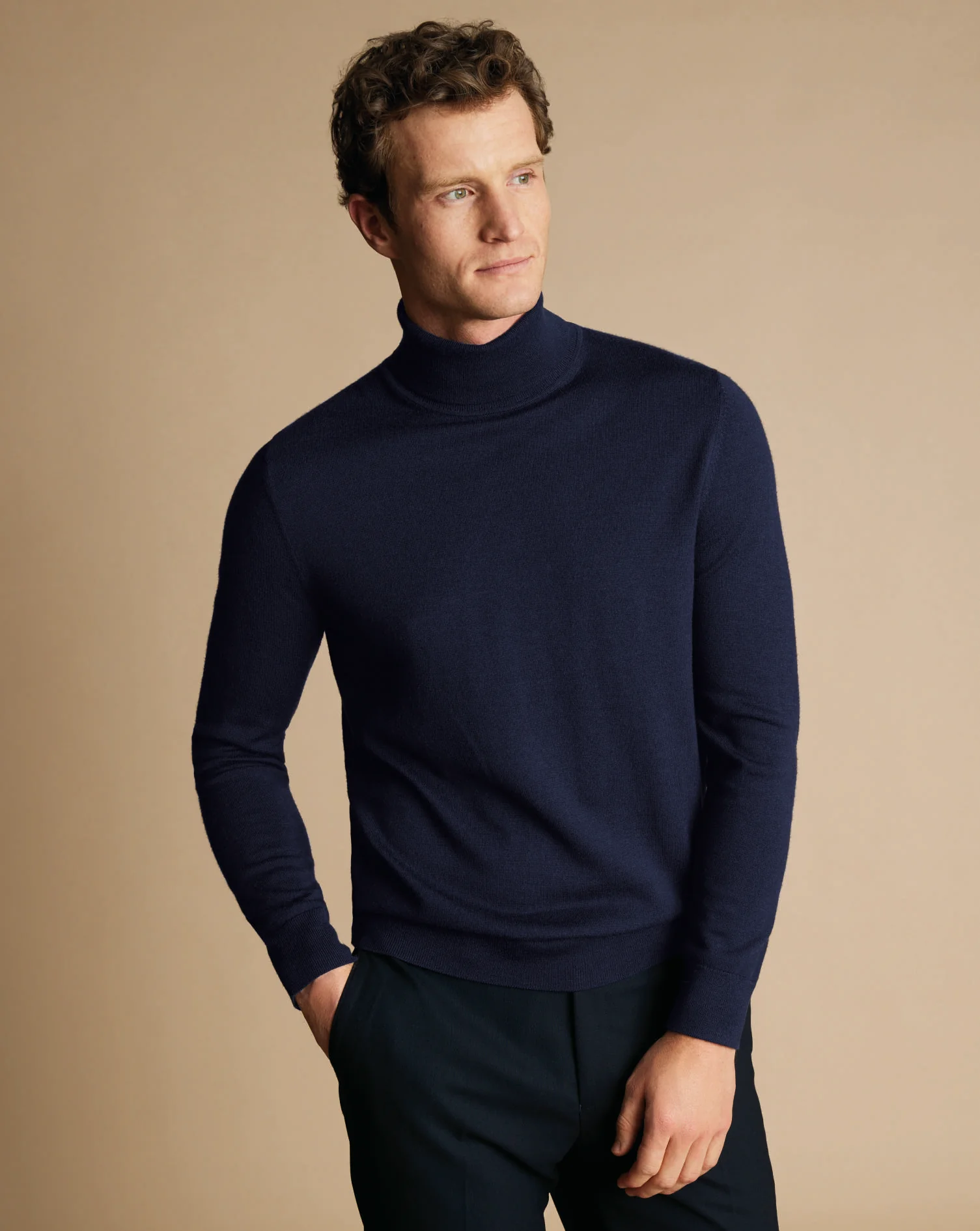 NAVY BLUE PURE MERINO ROLL NECK JUMPER - Image 3