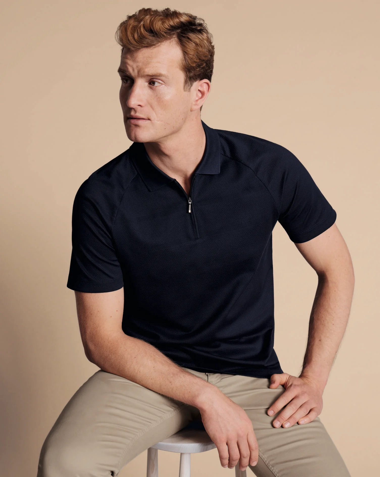 NAVY POPCORN TEXTURED STRIPE TYRWHITT COOL ZIP NECK - Image 2