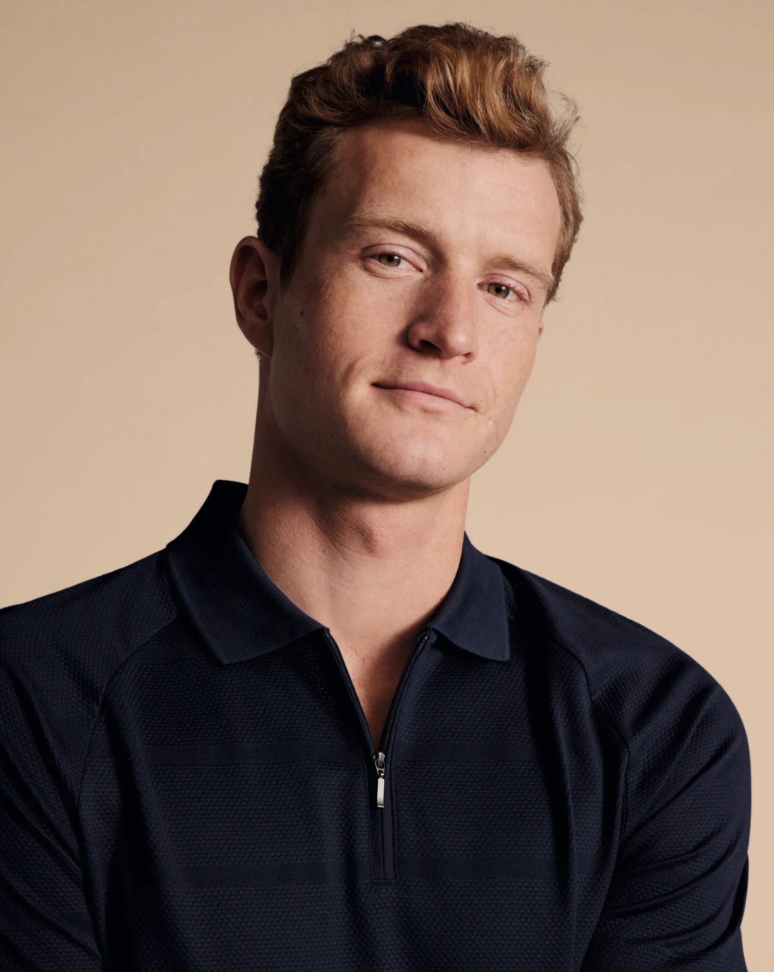 NAVY POPCORN TEXTURED STRIPE TYRWHITT COOL ZIP NECK - Image 3