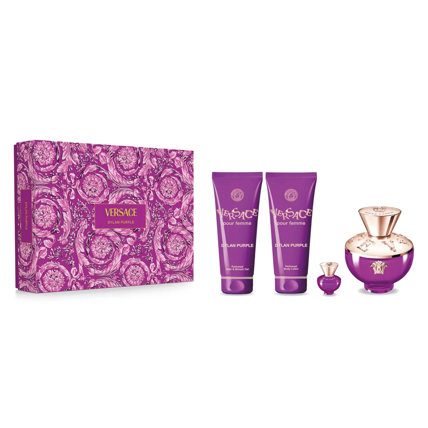 VERSACE DYLAN PURPLE WOMEN 4PCS (EDP 100ML+EDP 5ML MINI+B/L 100ML+BATH & S/GEL 100ML)