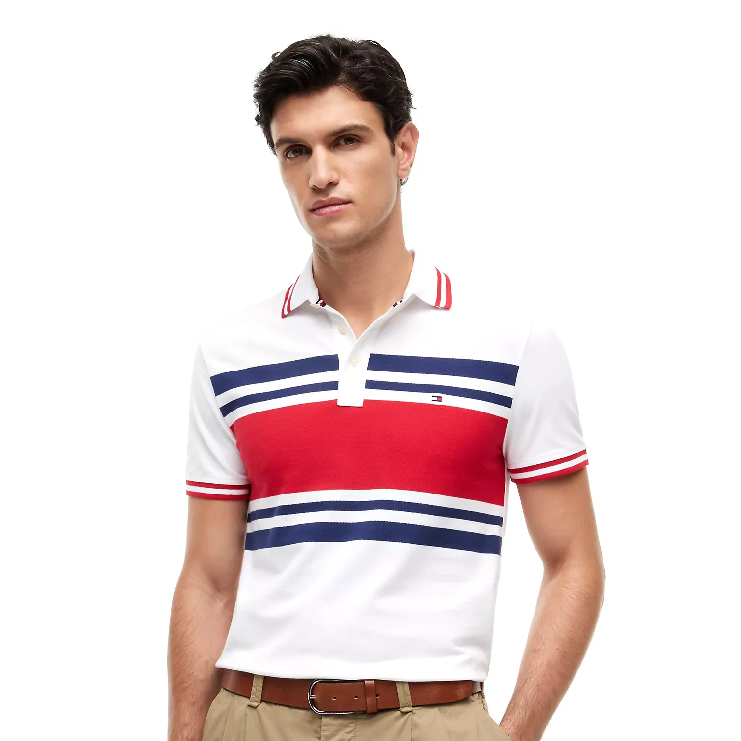 Slim Fit Block Stripe Stretch Pique Polo